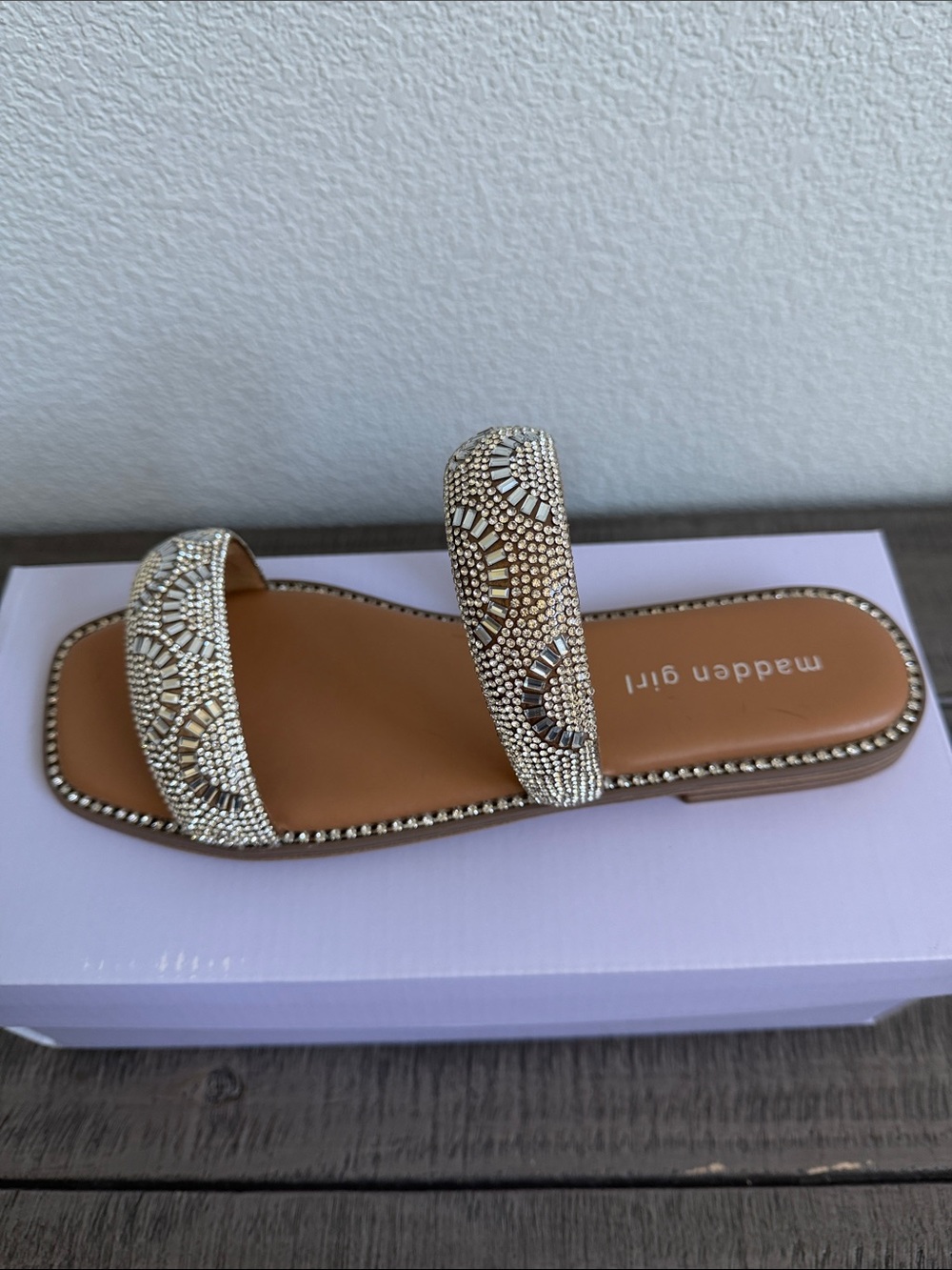 madden girl Partly Rhinestone Two-Band Slide Sandals NIB